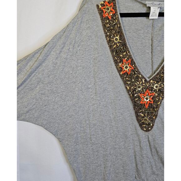 🦃 Ludi Womens Grey Stretchy Dolman Sleeve Top Blouse Beaded V Neck Large - Picture 7 of 8